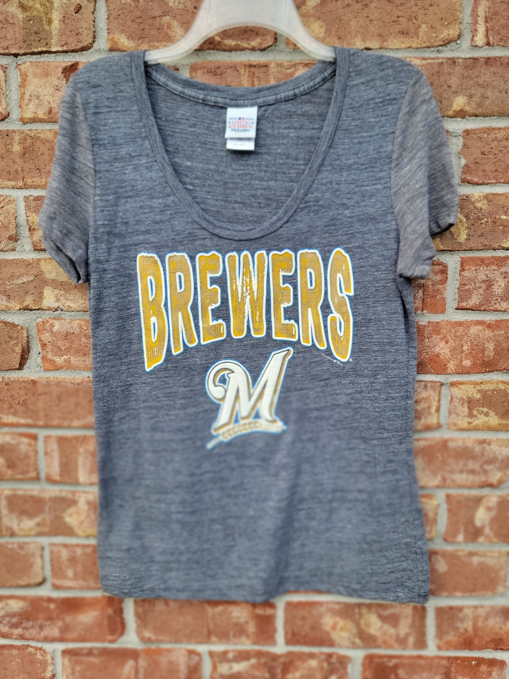 Genuine Merchandise Women's Blue/Gray Scoop Neck Brewers Tee with Yellow Logo